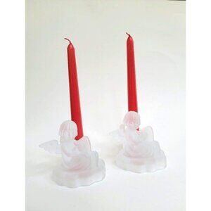 Vintage Set 2 Avon MJ Hummel Frosted Lead Crystal Angel Taper Candle Holder 1995